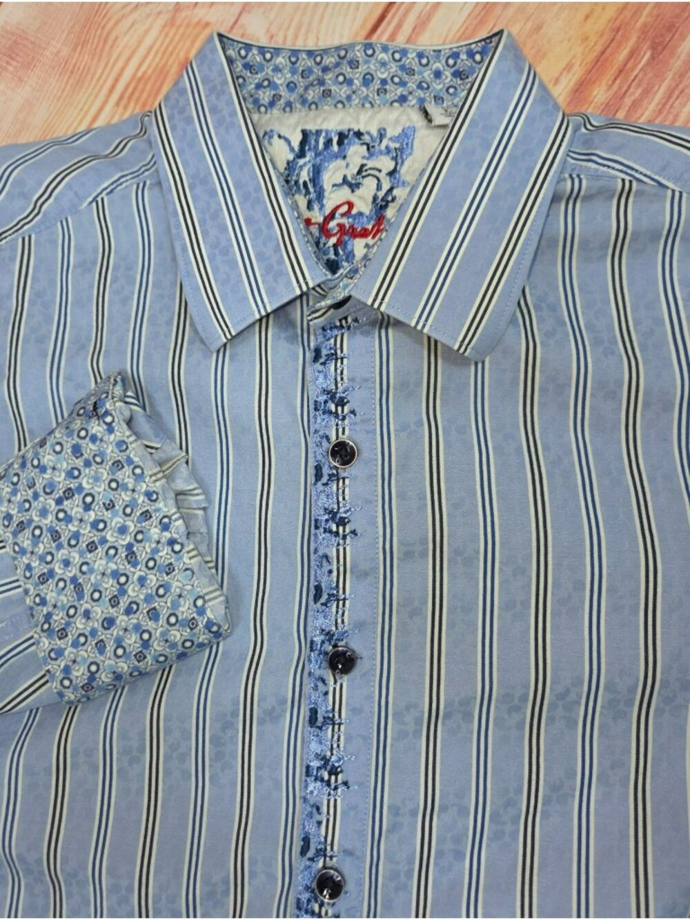 Robert Graham Classic Fit Blue Striped Floral Shirt Large